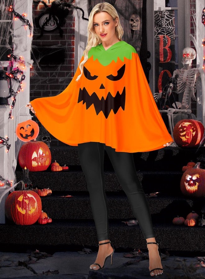 AOBUTE Womens Pumpkin Poncho With Hood Halloween Scary Jack O Lantern Costume Orange - Image 3